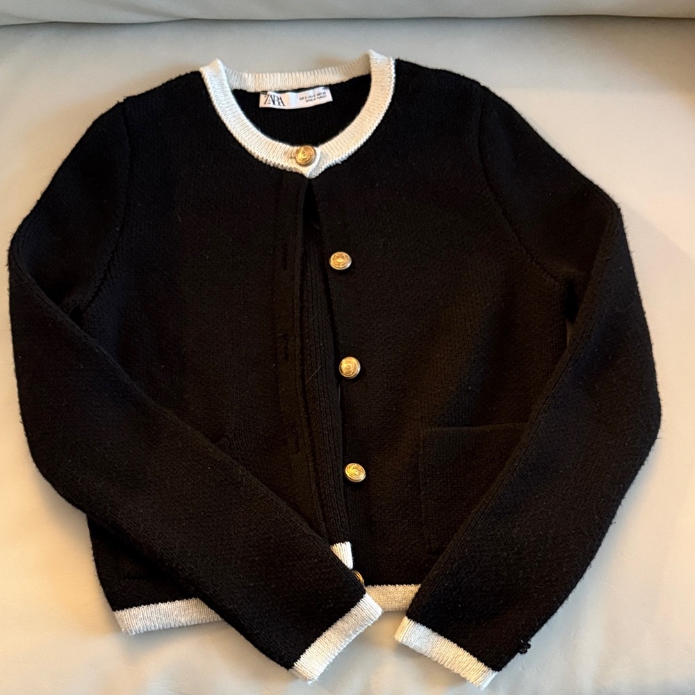 Zara Black Cardigan with White Edges and Gold Buttons